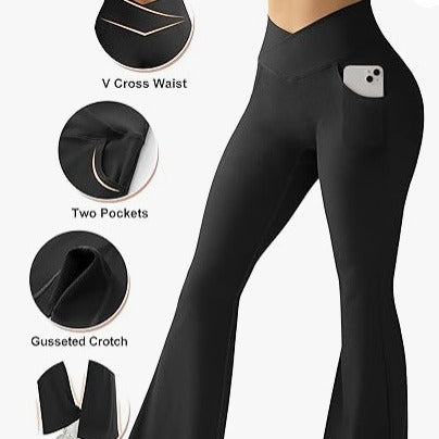 Women's Rib Cross Yoga Belt Pocket High Waist Flared Pants