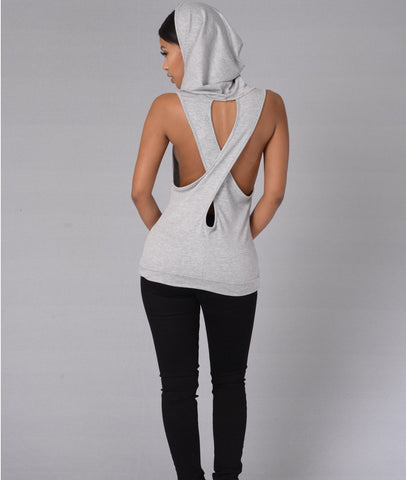 Cross-over Back T-shirt with Pocket Hood