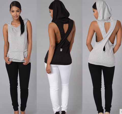 Cross-over Back T-shirt with Pocket Hood